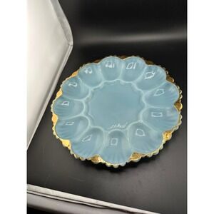 MCM Anchor Hocking Fire King Delphine Deviled Egg Plate Blue Gold Scalloped Edge